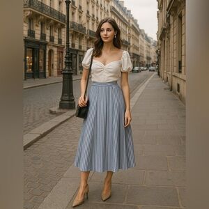 Vintage Prophecy Blue White Stripe Pleated Midi Skirt 28” Waist Small Maxi USA